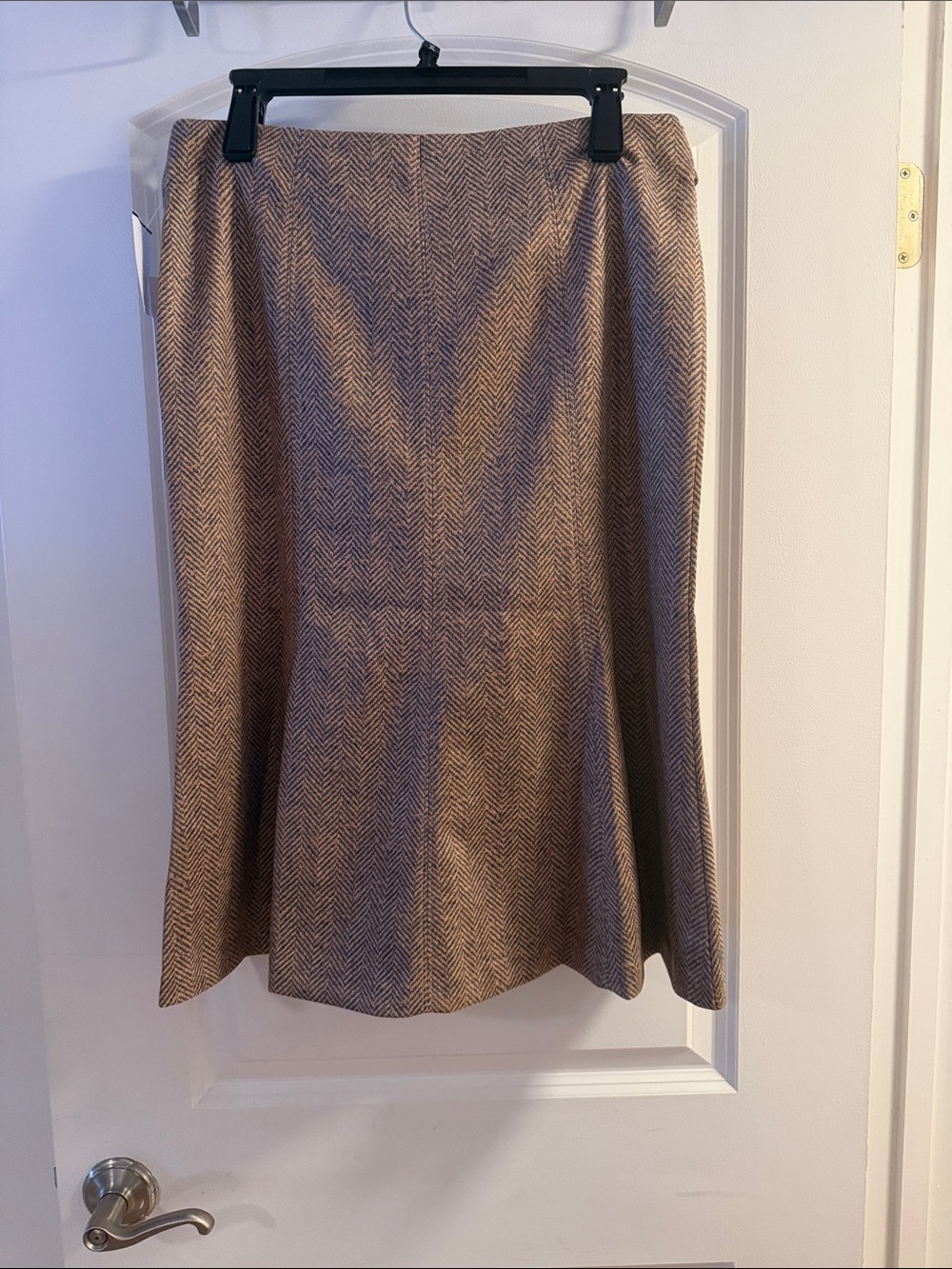 Tailored Tan Herringbone A-Line Skirt with Button Waist - Picture 4 of 6